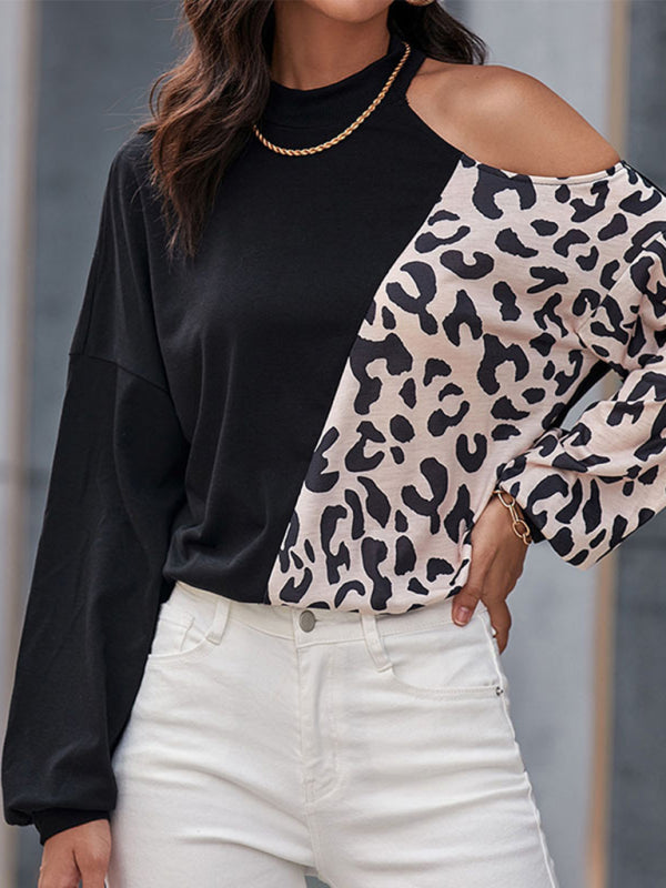 Blouses- Business Elegance Cold Shoulder Leopard Print Blouse- - Pekosa Women Clothing