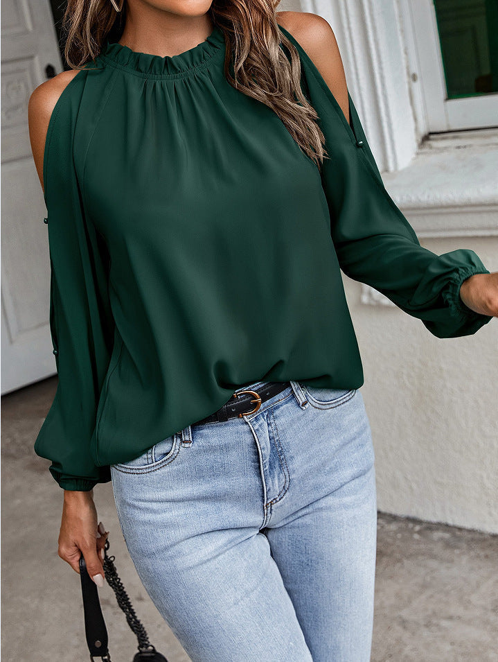 Blouses- Cold Shoulder Blouse - Ruffle Neck, Long Sleeve & Keyhole Back Top- - Pekosa Women Clothing