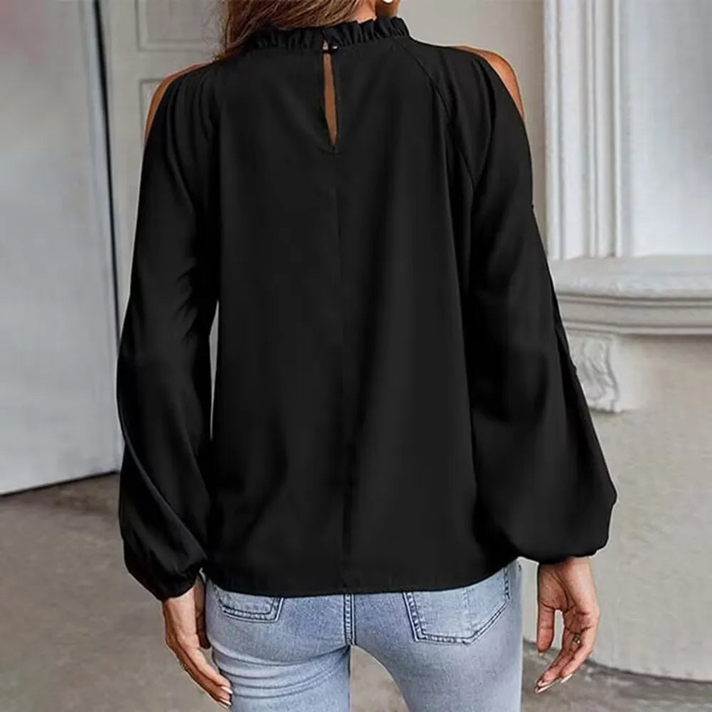 Blouses- Cold Shoulder Blouse - Ruffle Neck, Long Sleeve & Keyhole Back Top- - Pekosa Women Clothing