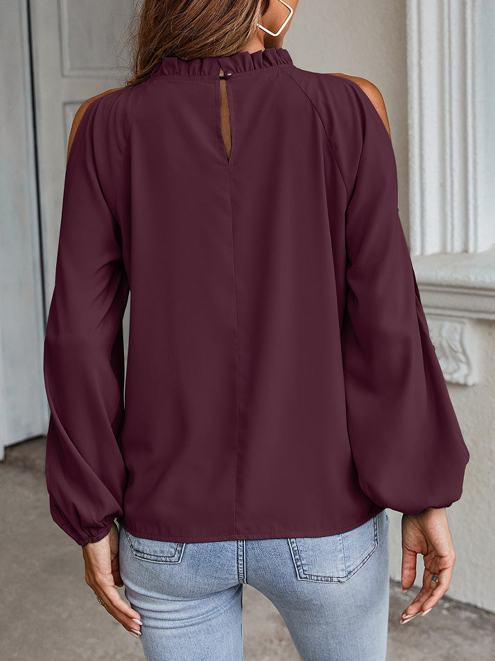 Blouses- Cold Shoulder Blouse - Ruffle Neck, Long Sleeve & Keyhole Back Top- - Pekosa Women Clothing