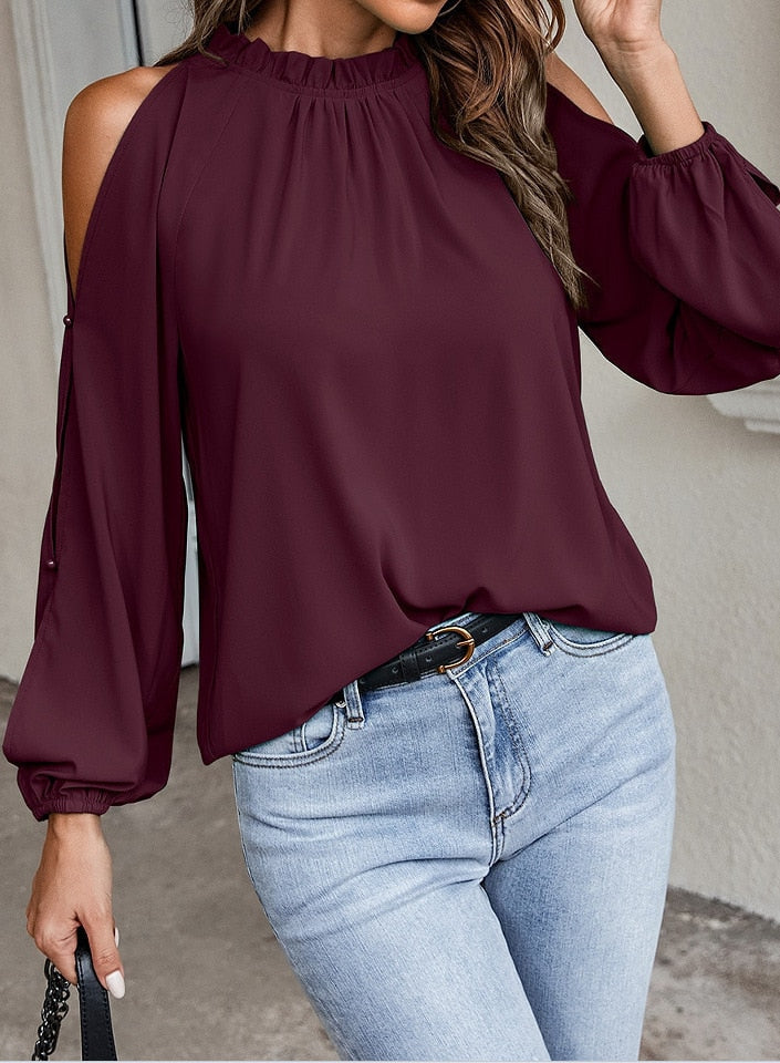 Blouses- Cold Shoulder Blouse - Ruffle Neck, Long Sleeve & Keyhole Back Top- - Pekosa Women Clothing