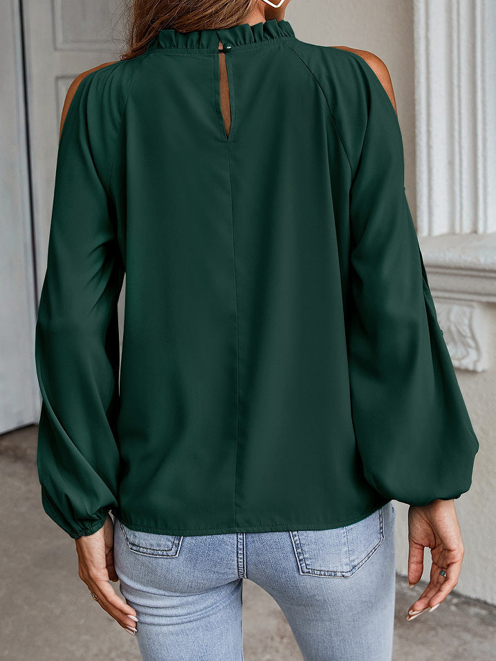 Blouses- Cold Shoulder Blouse - Ruffle Neck, Long Sleeve & Keyhole Back Top- - Pekosa Women Clothing