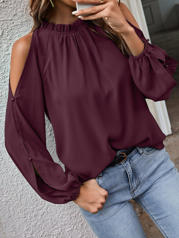 Blouses- Cold Shoulder Blouse - Ruffle Neck, Long Sleeve & Keyhole Back Top- Wine Red- Pekosa Women Clothing