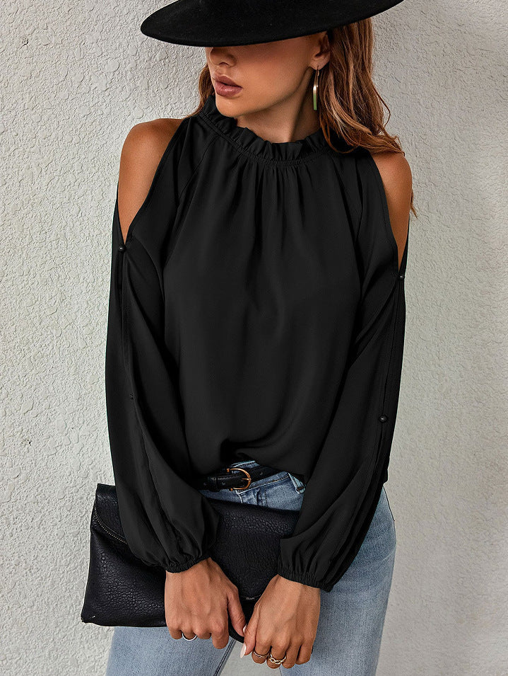 Blouses- Cold Shoulder Blouse - Ruffle Neck, Long Sleeve & Keyhole Back Top- - Pekosa Women Clothing
