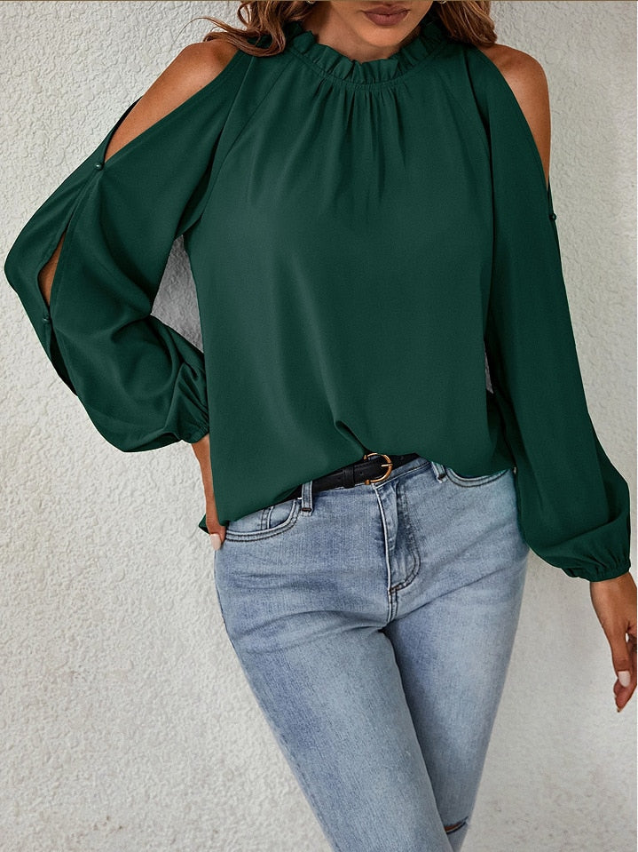 Blouses- Cold Shoulder Blouse - Ruffle Neck, Long Sleeve & Keyhole Back Top- - Pekosa Women Clothing