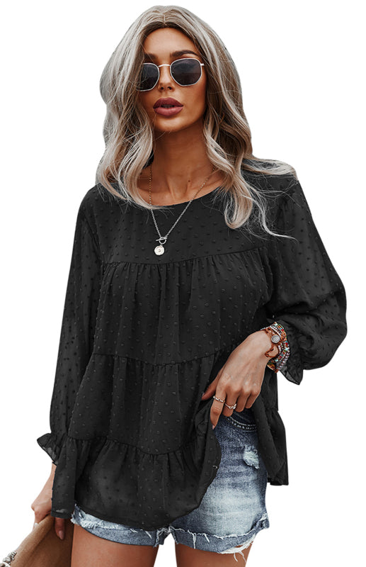 Blouses- Feminine Flair: Women's Swiss Dot Jacquard Tiered Ruffle Blouse - Top- - Pekosa Women Clothing