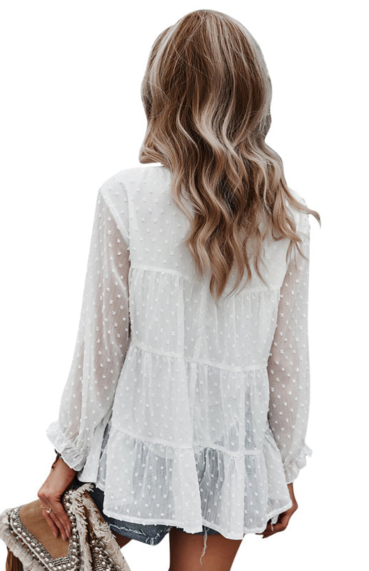 Blouses- Feminine Flair: Women's Swiss Dot Jacquard Tiered Ruffle Blouse - Top- - Pekosa Women Clothing
