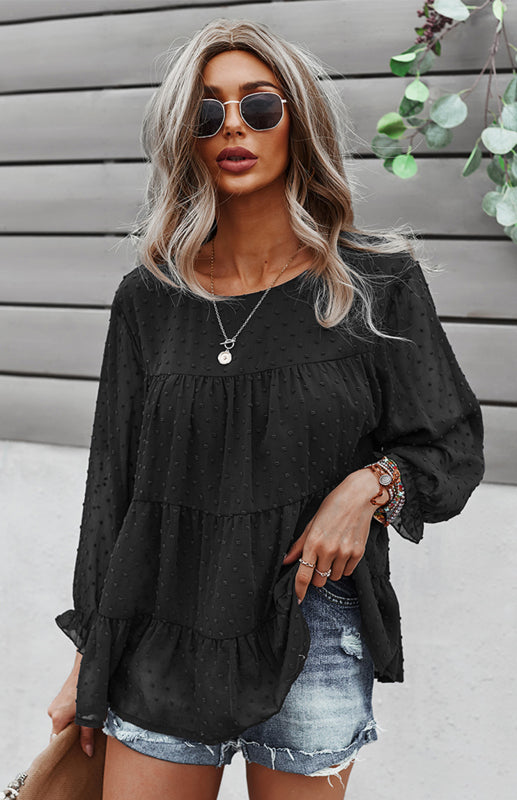 Blouses- Feminine Flair: Women's Swiss Dot Jacquard Tiered Ruffle Blouse - Top- - Pekosa Women Clothing