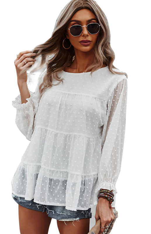 Blouses- Feminine Flair: Women's Swiss Dot Jacquard Tiered Ruffle Blouse - Top- - Pekosa Women Clothing