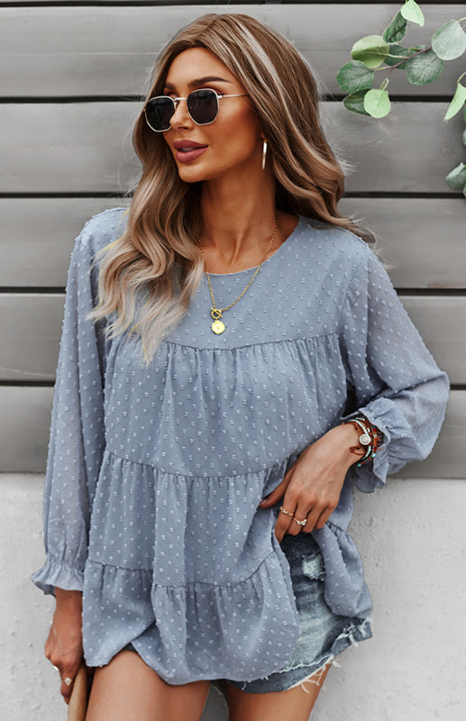 Blouses- Feminine Flair: Women's Swiss Dot Jacquard Tiered Ruffle Blouse - Top- - Pekosa Women Clothing