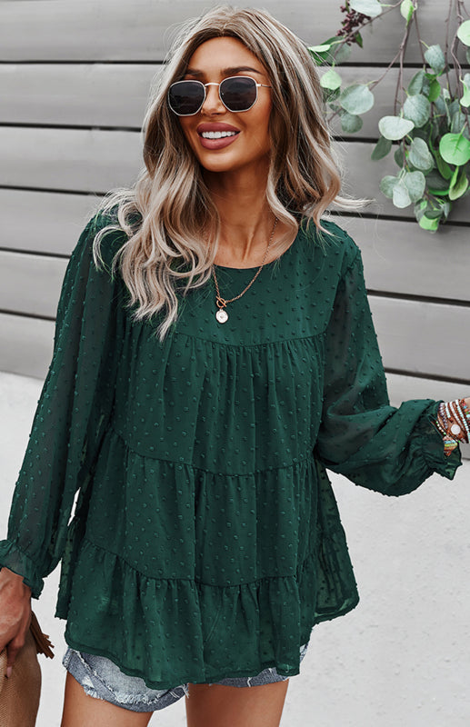 Blouses- Feminine Flair: Women's Swiss Dot Jacquard Tiered Ruffle Blouse - Top- - Pekosa Women Clothing