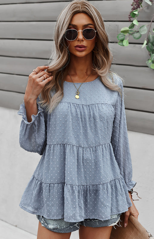 Blouses- Feminine Flair: Women's Swiss Dot Jacquard Tiered Ruffle Blouse - Top- - Pekosa Women Clothing