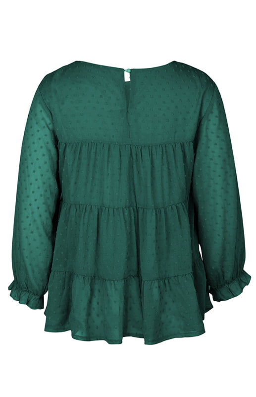 Blouses- Feminine Flair: Women's Swiss Dot Jacquard Tiered Ruffle Blouse - Top- - Pekosa Women Clothing