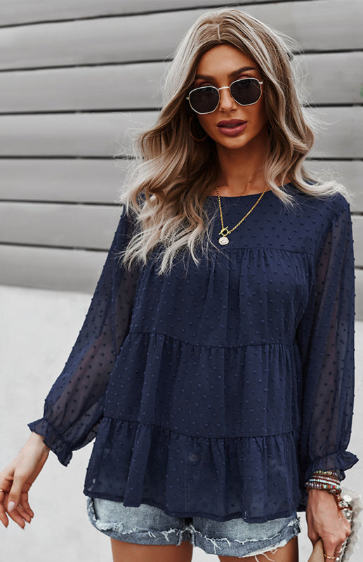 Blouses- Feminine Flair: Women's Swiss Dot Jacquard Tiered Ruffle Blouse - Top- - Pekosa Women Clothing