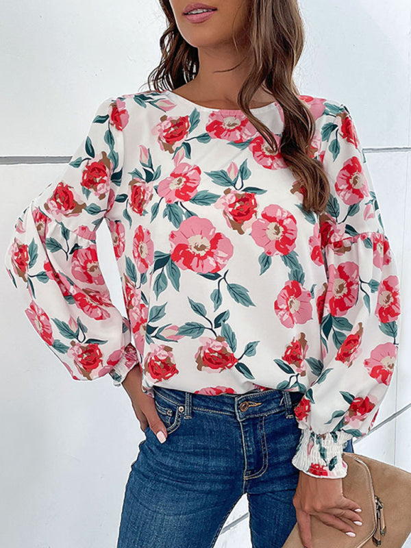 Blouses- Floral Elegance: Lantern Long Sleeves Blouse - Round Neck Tunic Top- White- Pekosa Women Clothing