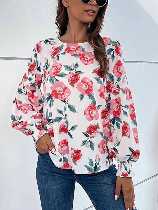 Blouses- Floral Elegance: Lantern Long Sleeves Blouse - Round Neck Tunic Top- - Pekosa Women Clothing