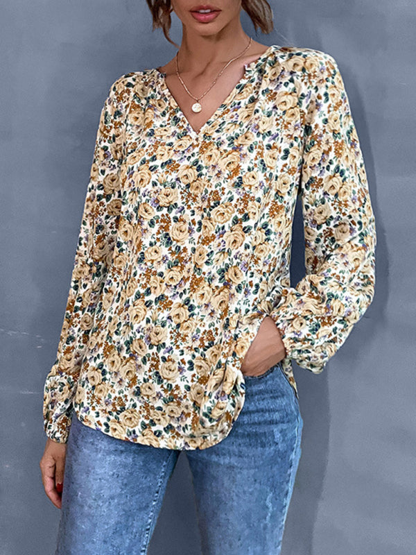 Blouses- Floral Print Delight: Women's Lantern Sleeve Blouse - V Neck Tunic Top- - Pekosa Women Clothing
