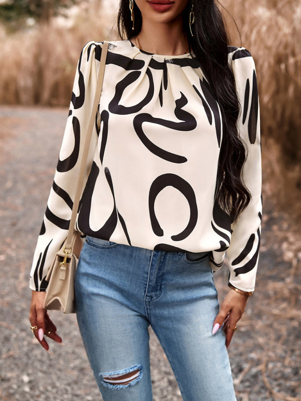 Blouses- Floral Puff Long Sleeve V-open Back Blouse- White- Pekosa Women Clothing