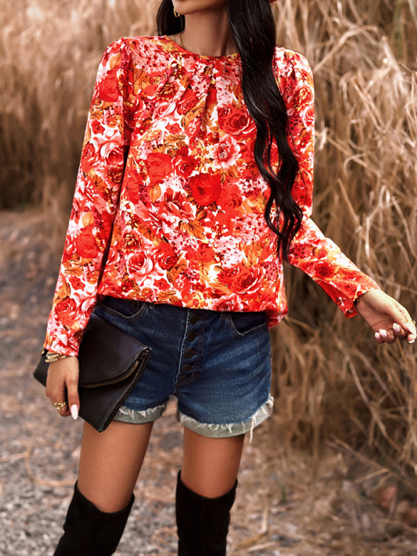 Blouses- Floral Puff Long Sleeve V-open Back Blouse- - Pekosa Women Clothing