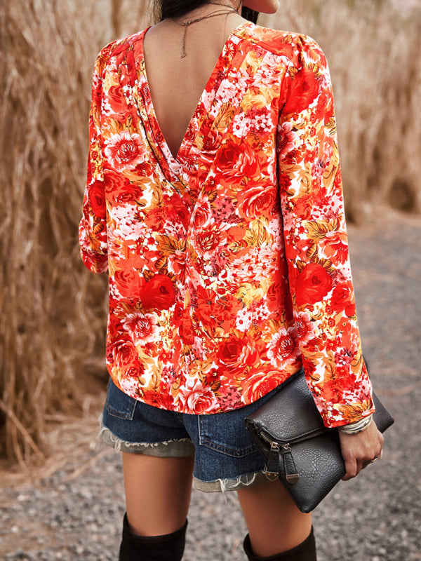 Blouses- Floral Puff Long Sleeve V-open Back Blouse- - Pekosa Women Clothing