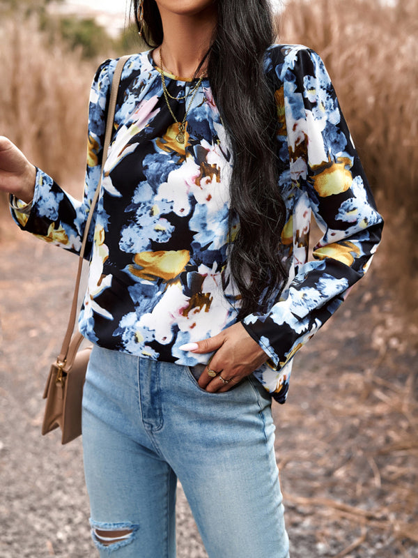 Blouses- Floral Puff Long Sleeve V-open Back Blouse- - Pekosa Women Clothing