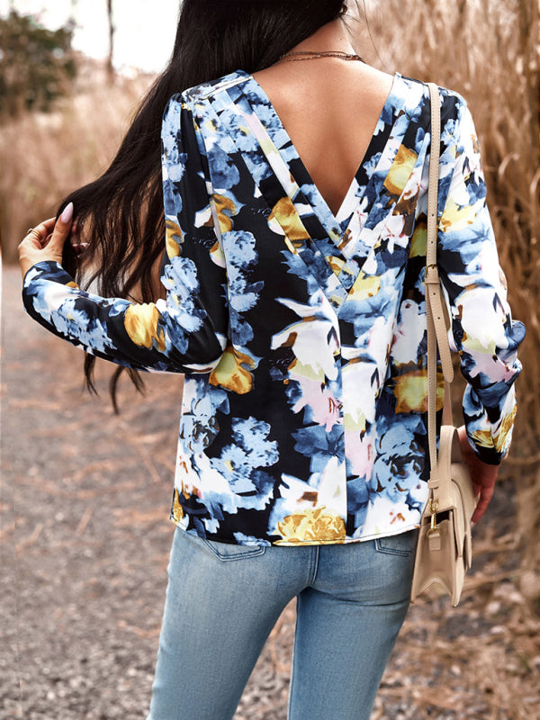 Blouses- Floral Puff Long Sleeve V-open Back Blouse- - Pekosa Women Clothing