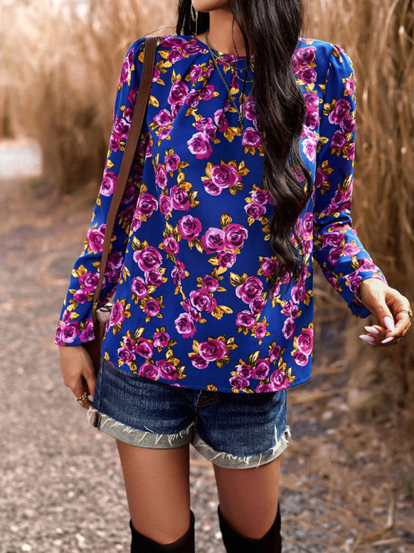 Blouses- Floral Puff Long Sleeve V-open Back Blouse- - Pekosa Women Clothing