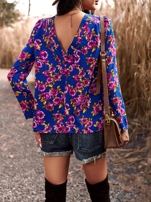 Blouses- Floral Puff Long Sleeve V-open Back Blouse- - Pekosa Women Clothing