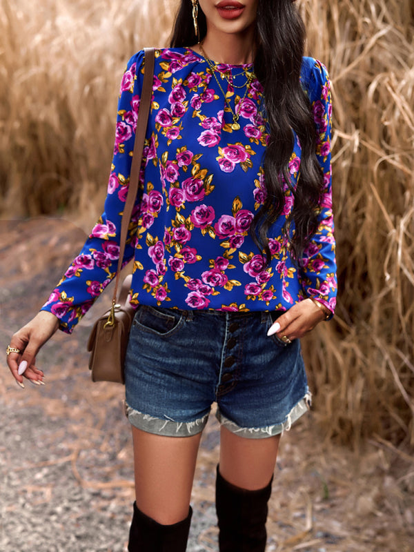 Blouses- Floral Puff Long Sleeve V-open Back Blouse- - Pekosa Women Clothing