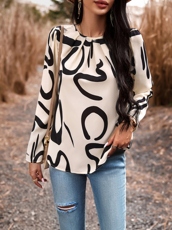 Blouses- Floral Puff Long Sleeve V-open Back Blouse- - Pekosa Women Clothing