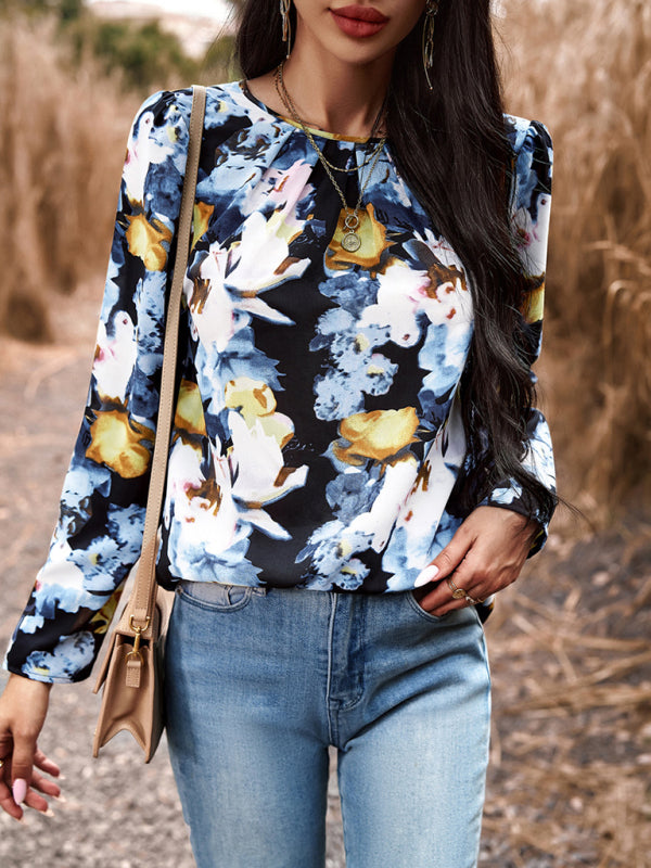 Blouses- Floral Puff Long Sleeve V-open Back Blouse- Black- Pekosa Women Clothing