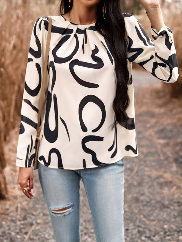 Blouses- Floral Puff Long Sleeve V-open Back Blouse- - Pekosa Women Clothing
