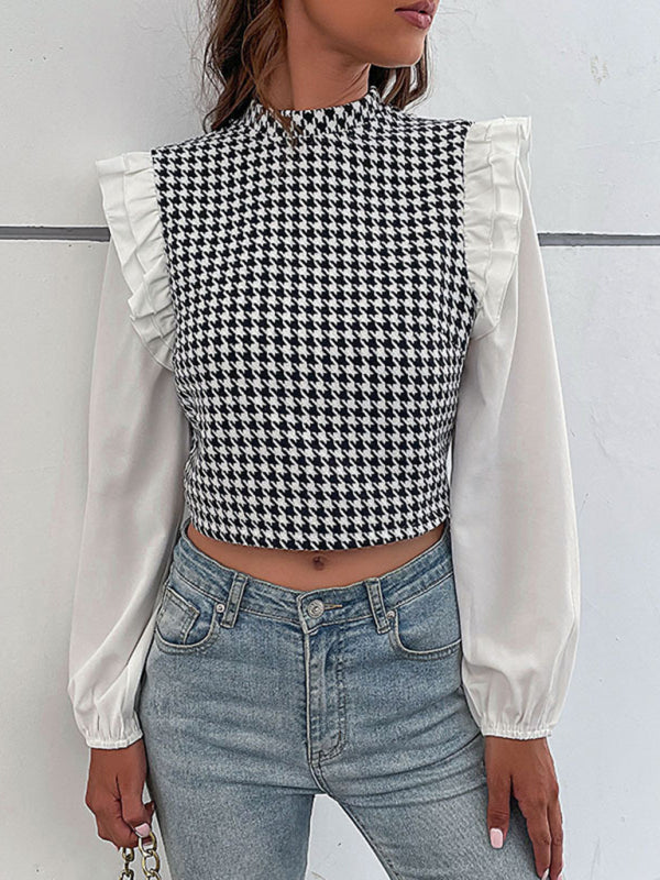 Blouses- Houndstooth Frill Long Sleeve Crop Top - Blouse- - Pekosa Women Clothing