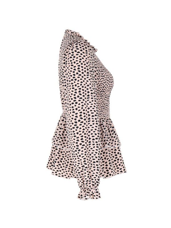 Blouses- Peplum Blouse With Long Sleeves and Smocked Waist in Leopard Print- - Pekosa Women Clothing