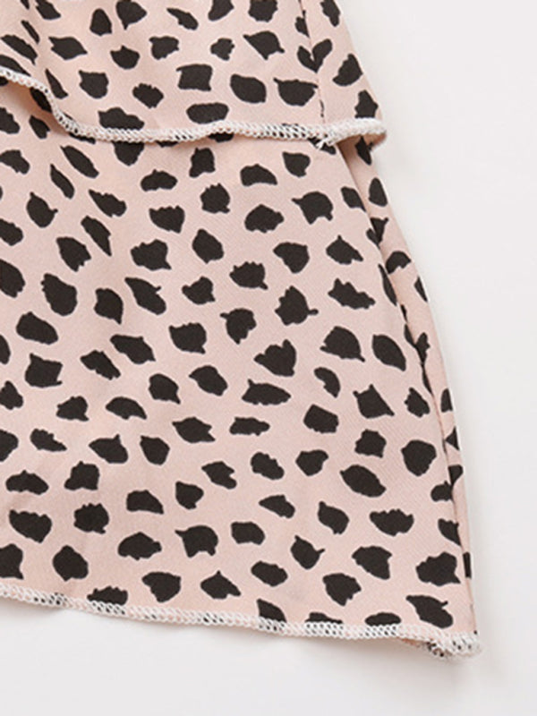 Blouses- Peplum Blouse With Long Sleeves and Smocked Waist in Leopard Print- - Pekosa Women Clothing