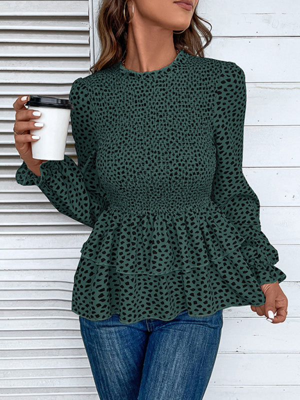 Blouses- Peplum Blouse With Long Sleeves and Smocked Waist in Leopard Print- - Pekosa Women Clothing