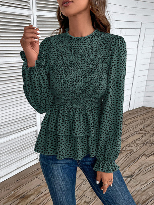 Blouses- Peplum Blouse With Long Sleeves and Smocked Waist in Leopard Print- Green black jasper- Pekosa Women Clothing
