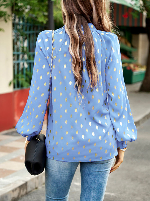 Blouses- Radiate Elegance with our Gold Polka Dotted Choker Neck Tunic Top!- - Pekosa Women Clothing