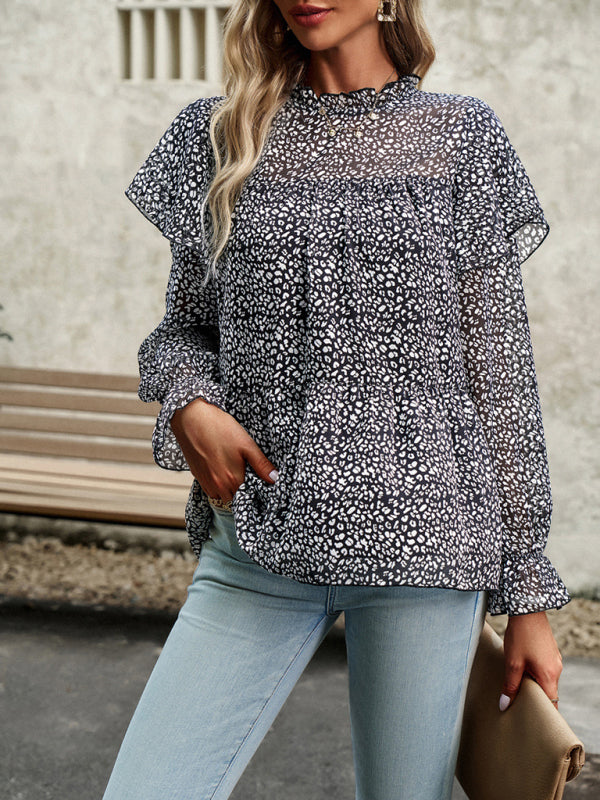 Blouses- Ruffle Collar Floral Blouse - Tiered Accents, Long Sleeve Top- - Pekosa Women Clothing