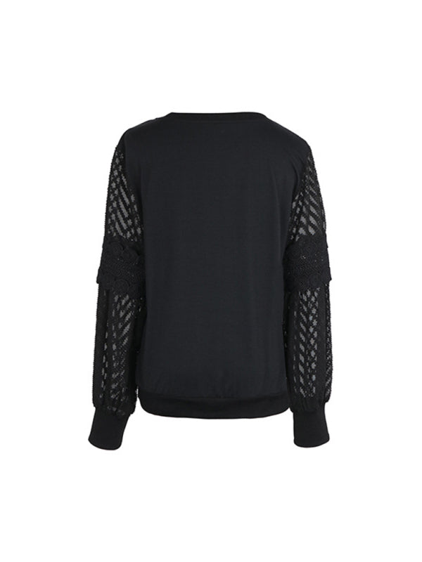 Blouses- Sheer Lace Contrast Pullover - Round Neck Blouse- - Pekosa Women Clothing