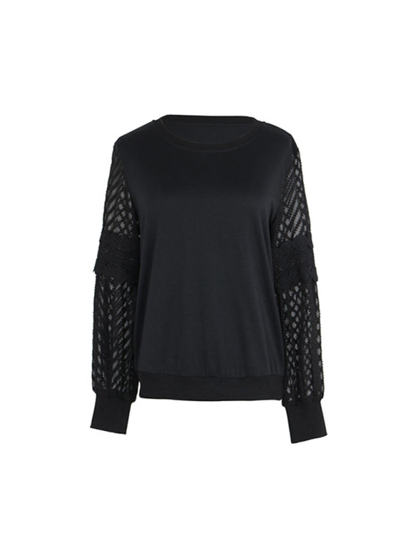 Blouses- Sheer Lace Contrast Pullover - Round Neck Blouse- - Pekosa Women Clothing