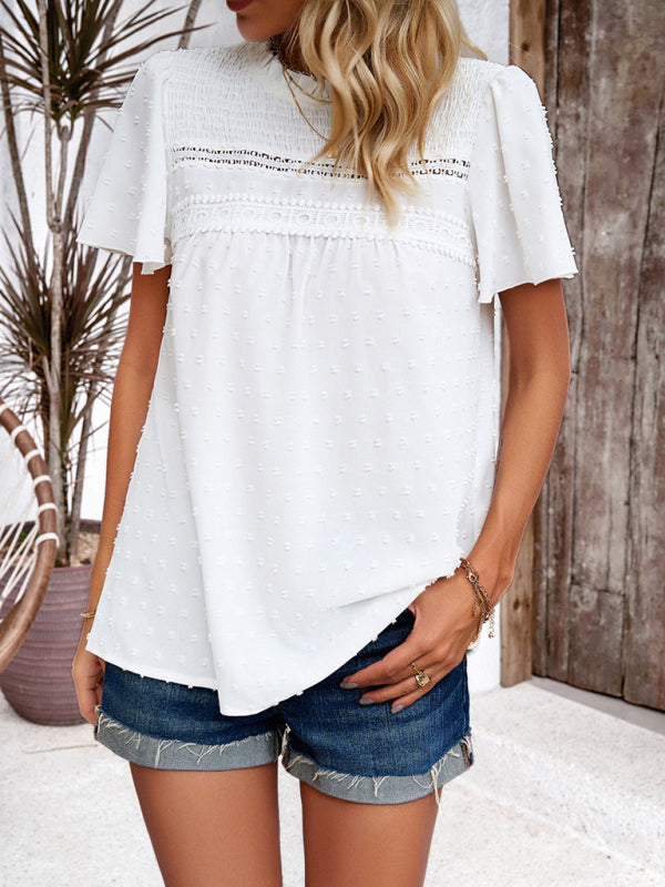 Blouses- Short Flounce Sleeves Blouse - Flowy Swiss Dot Top with Smocked Accents- - Pekosa Women Clothing