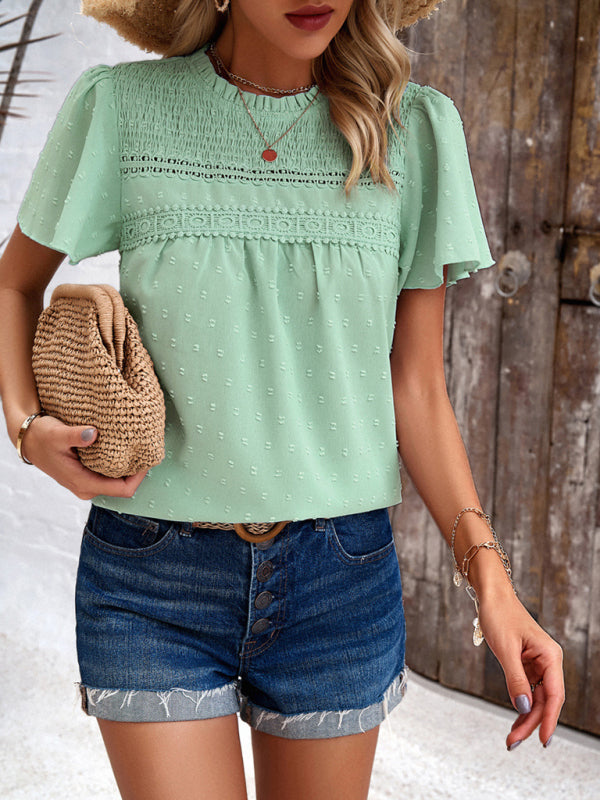 Blouses- Short Flounce Sleeves Blouse - Flowy Swiss Dot Top with Smocked Accents- - Pekosa Women Clothing