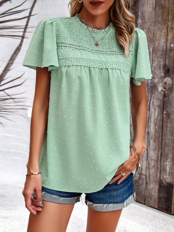 Blouses- Short Flounce Sleeves Blouse - Flowy Swiss Dot Top with Smocked Accents- - Pekosa Women Clothing