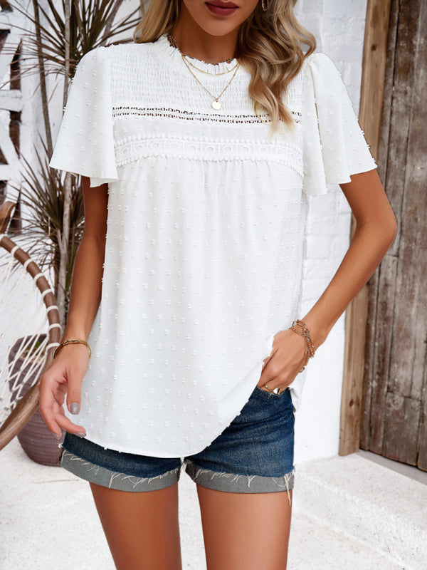 Blouses- Short Flounce Sleeves Blouse - Flowy Swiss Dot Top with Smocked Accents- - Pekosa Women Clothing