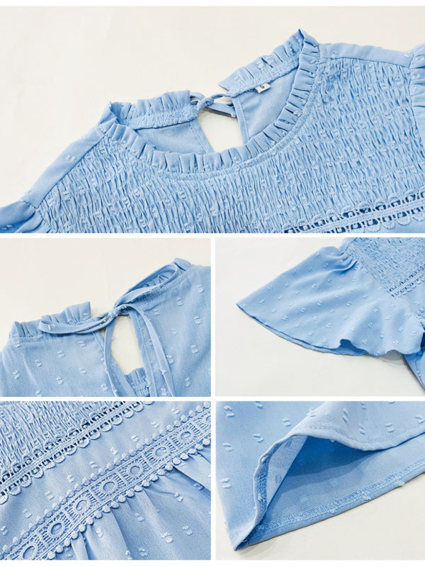 Blouses- Short Flounce Sleeves Blouse - Flowy Swiss Dot Top with Smocked Accents- - Pekosa Women Clothing