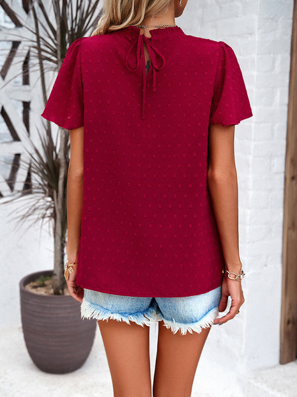 Blouses- Short Flounce Sleeves Blouse - Flowy Swiss Dot Top with Smocked Accents- - Pekosa Women Clothing