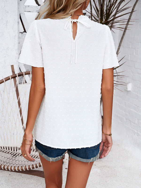 Blouses- Short Flounce Sleeves Blouse - Flowy Swiss Dot Top with Smocked Accents- - Pekosa Women Clothing