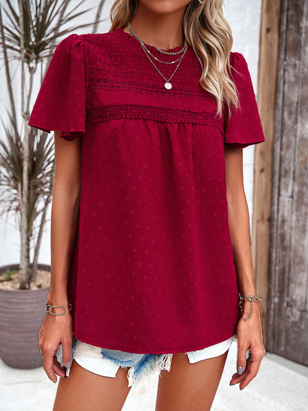 Blouses- Short Flounce Sleeves Blouse - Flowy Swiss Dot Top with Smocked Accents- - Pekosa Women Clothing