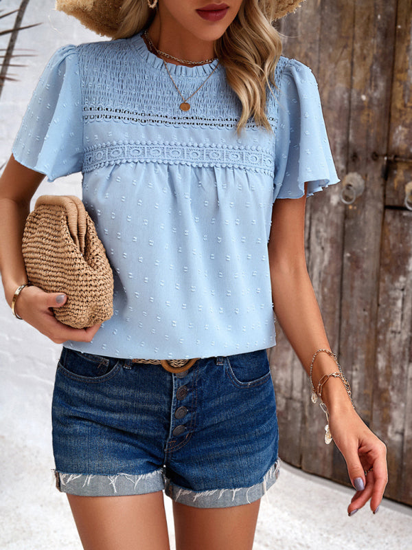 Blouses- Short Flounce Sleeves Blouse - Flowy Swiss Dot Top with Smocked Accents- - Pekosa Women Clothing